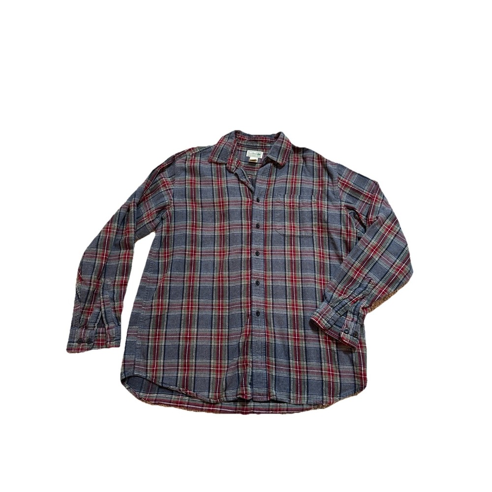 LL Bean Mens Scotch Plaid Grey Red‎ Flannel Button Shirt Outdoor  Rugged Work LG